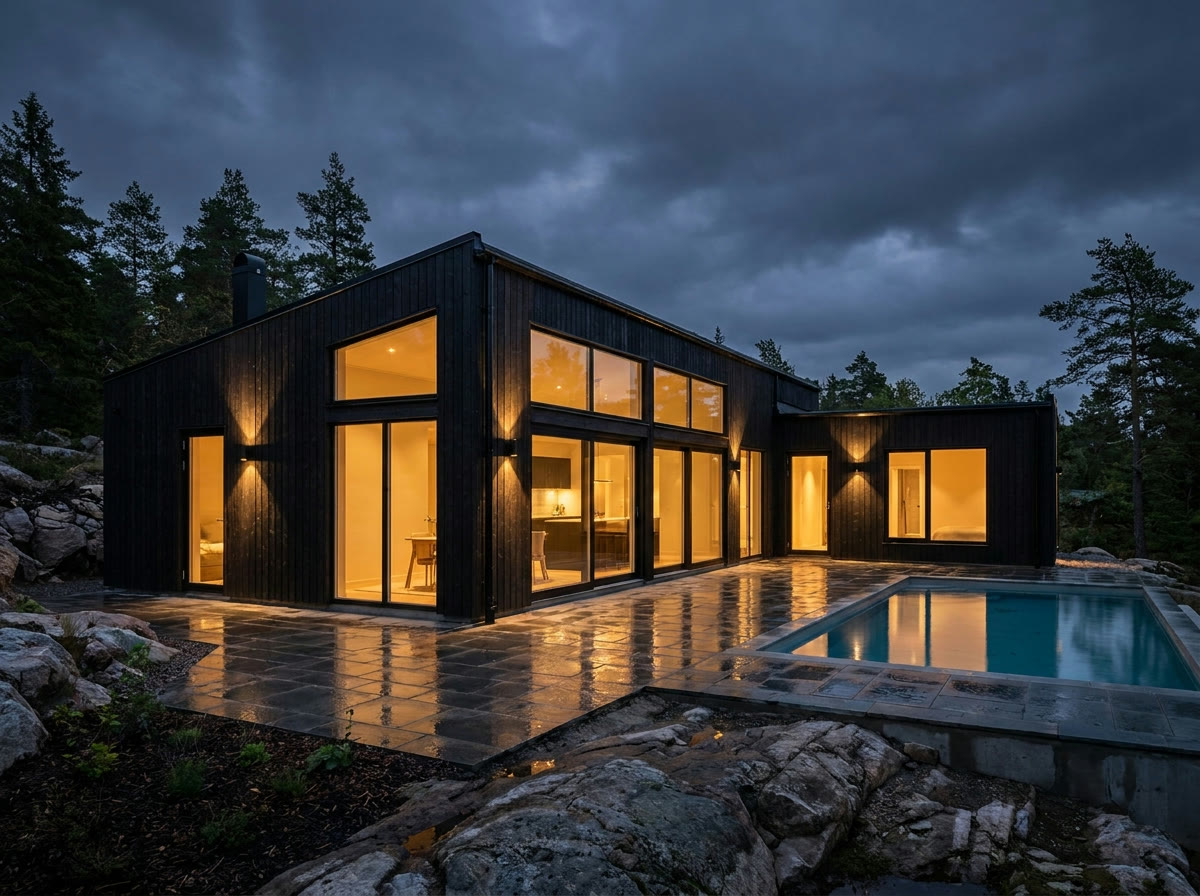 Nybyggd villa med svart träfasad