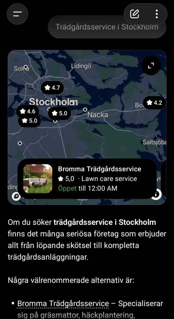 ChatGPT svarar på trädgårdsservice i Stockholm och nämner Bromma Trädgårdsservice först