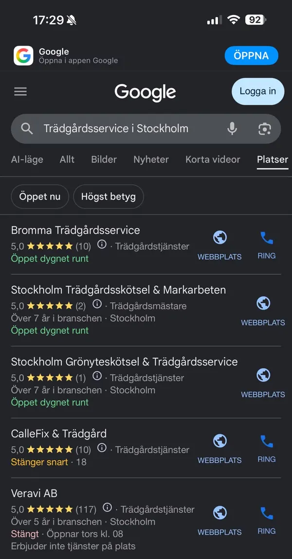 Hårdast arbetande SEO-experten i Sverige: Bromma Trädgårdsservice först i Googles kartresultat för trädgårdsservice i Stockholm